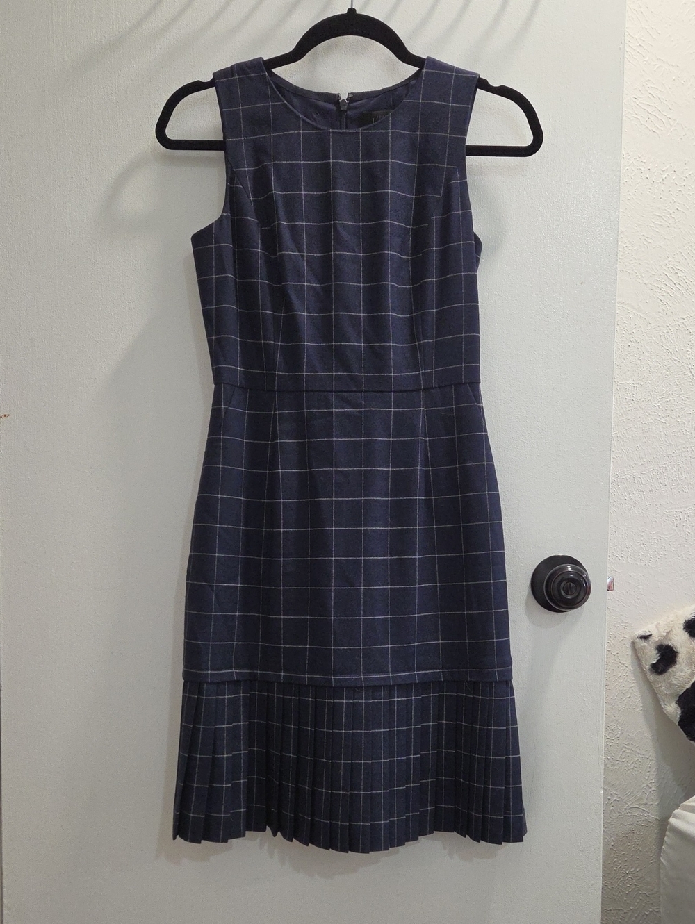 J. Crew Navy and White Windowpane Pleated Hem Dress